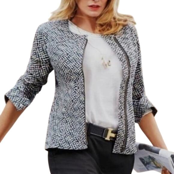 Cabi Cliffside Moto Jacket Zip Geocheck Blazer Coat Multicolor Academia Preppy M - Picture 2 of 11